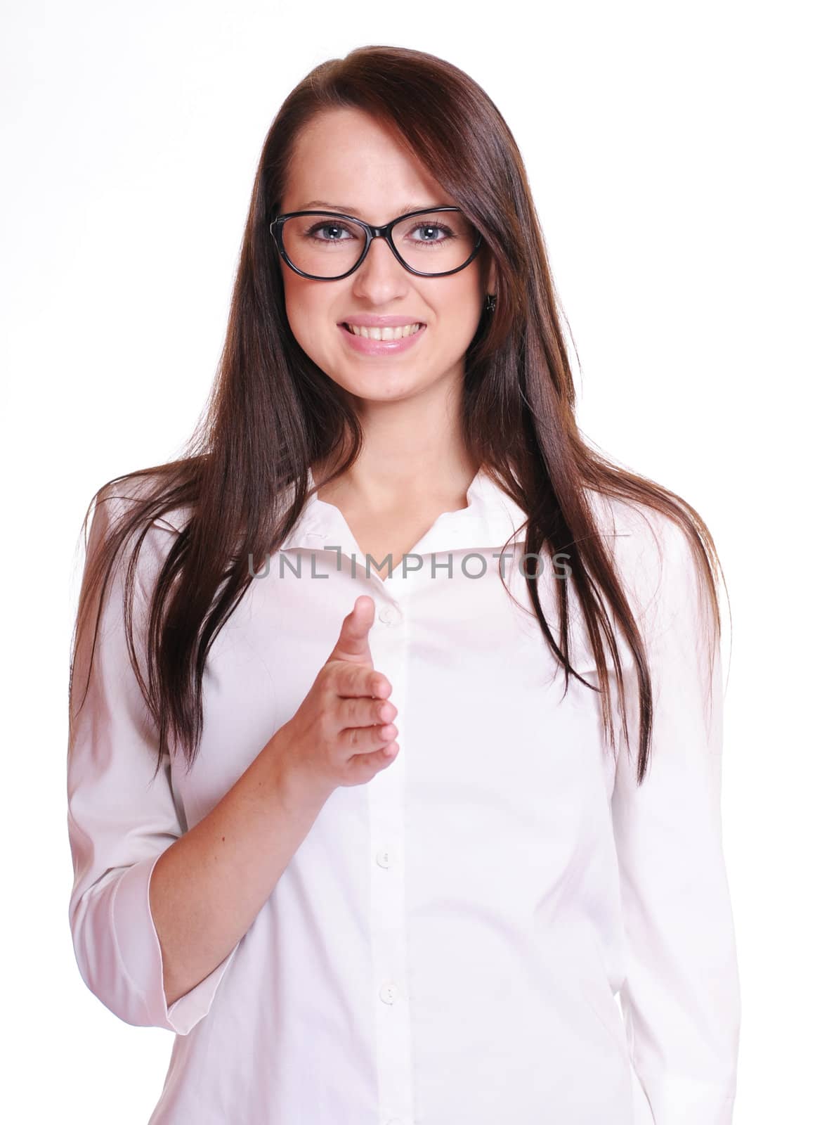 The girl in spectacles giving handshake on white background