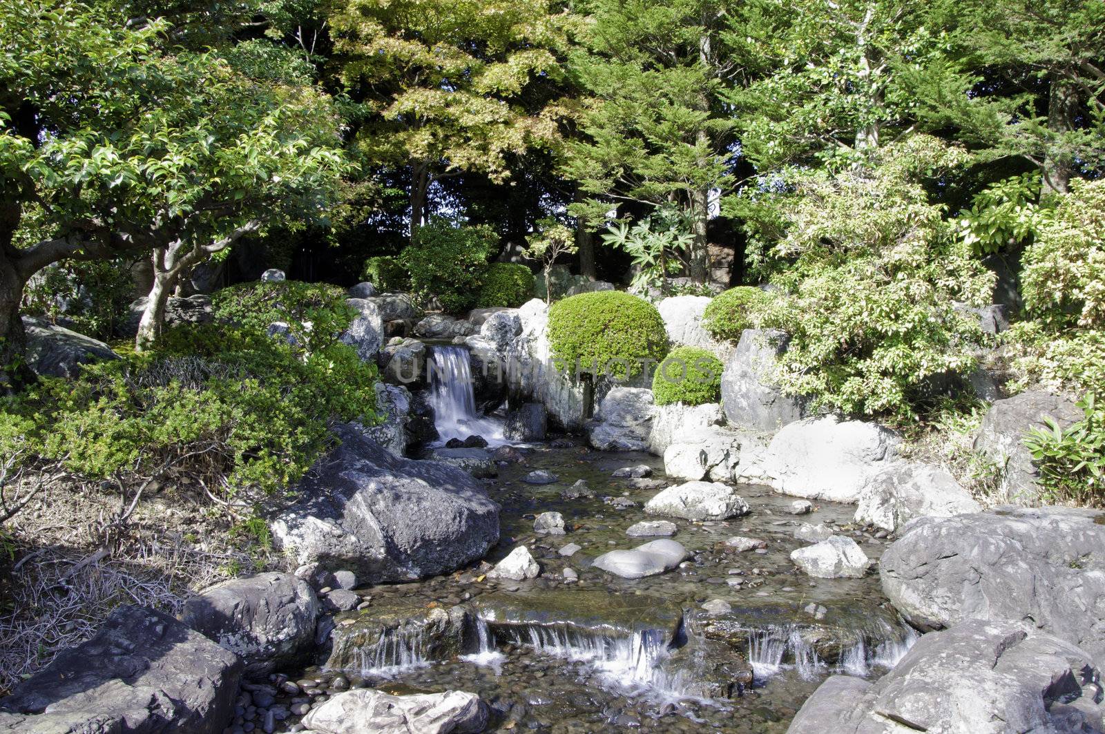 Japanese garden with waterfall