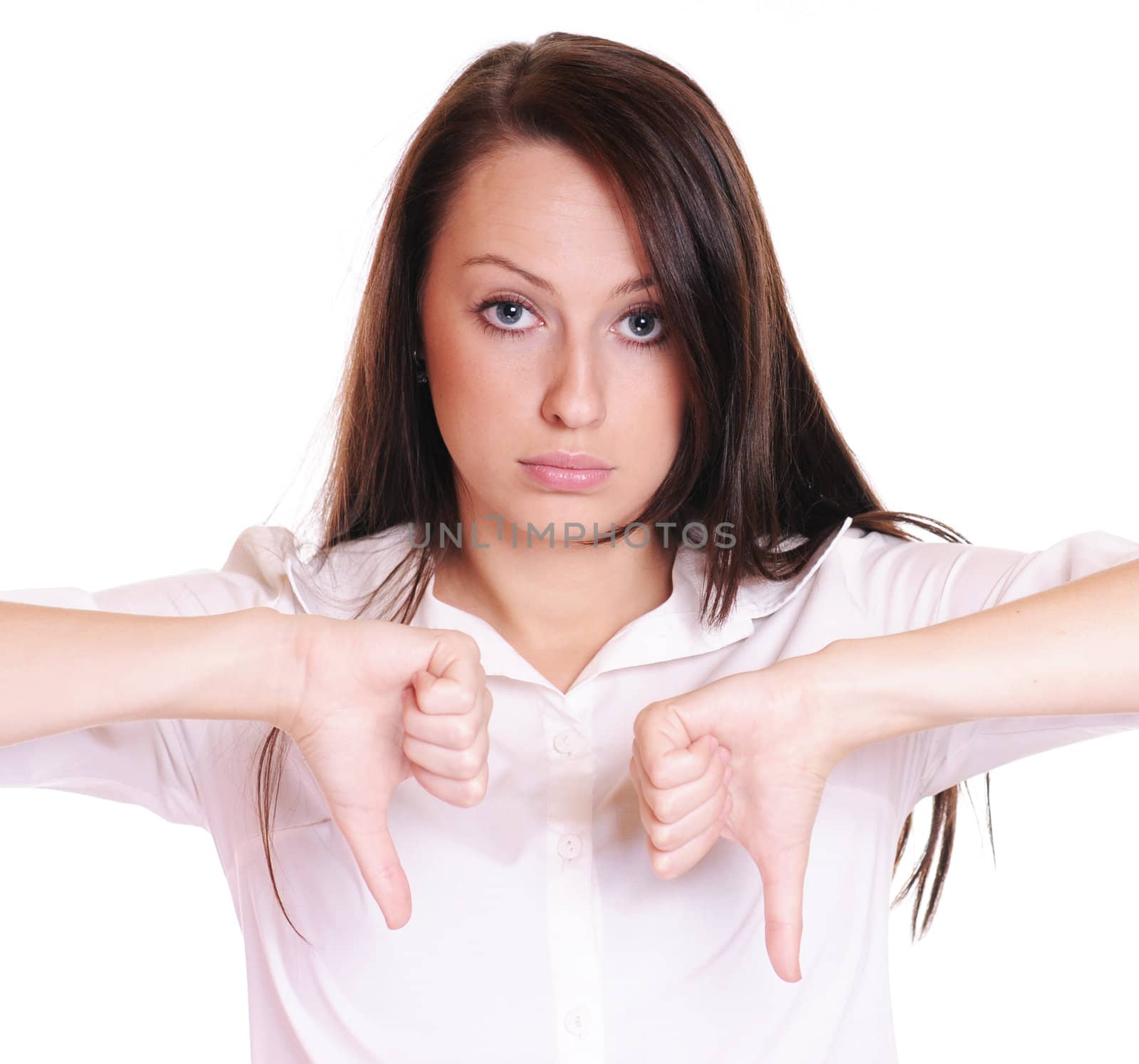 Thumbs down gesture sad businesswoman isolated on white foreground focus