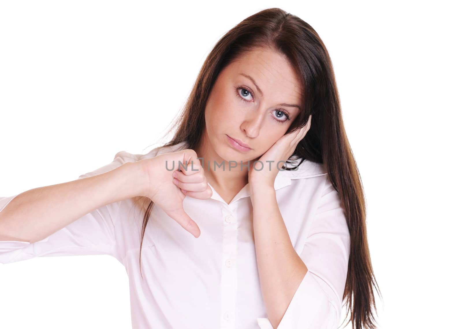 Young pretty office woman with thumb one hand down