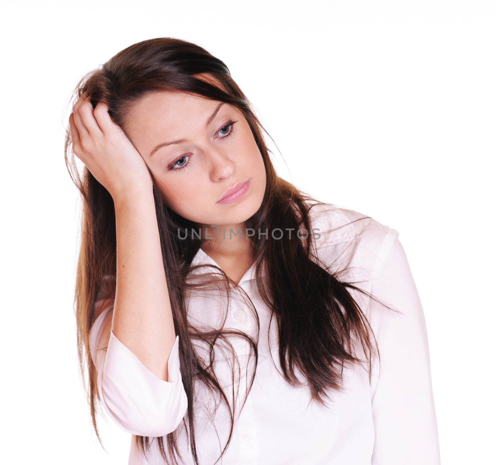 Business woman have a headache. Isolated over white background