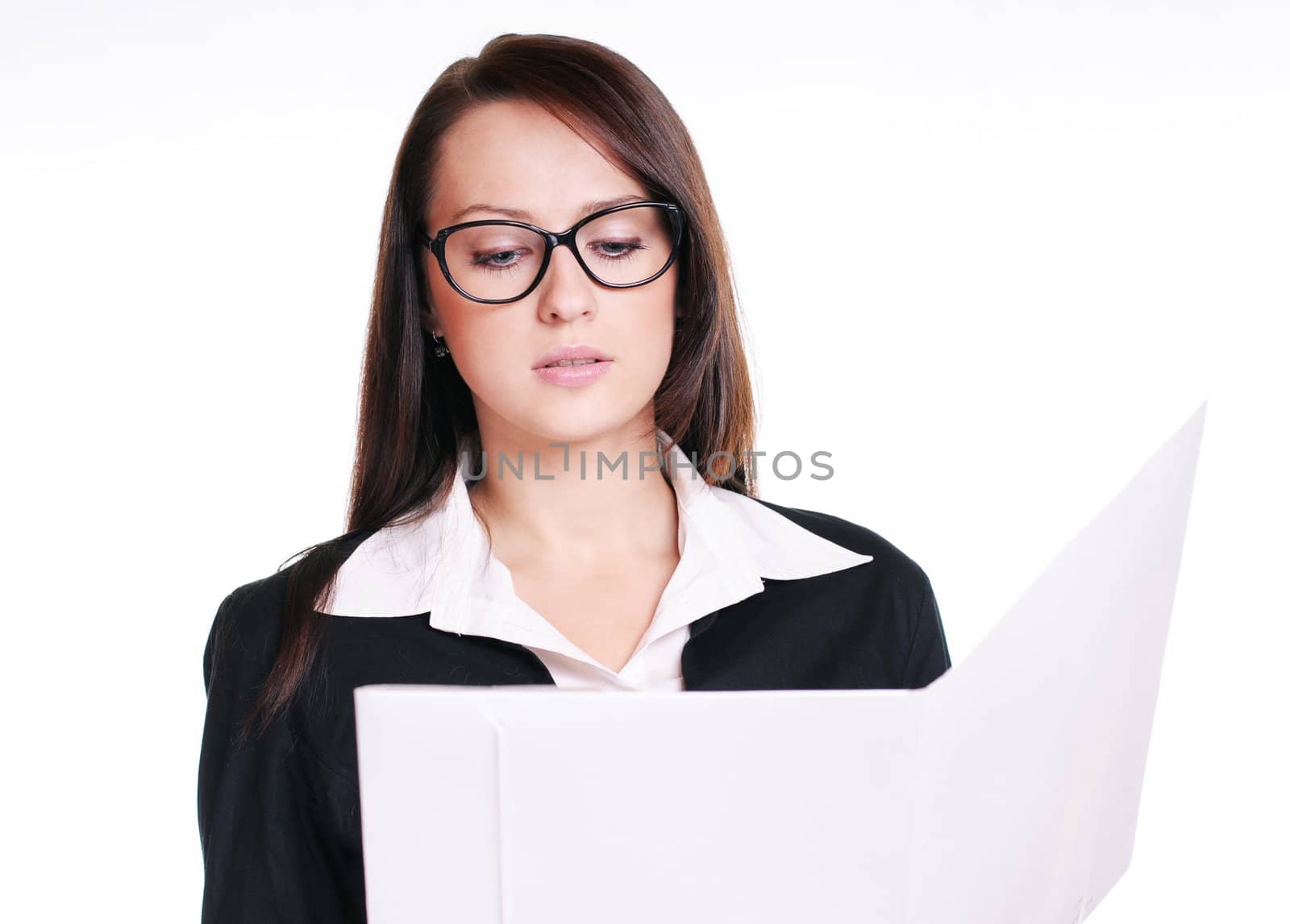 Young beautiful woman reading documents, isolated on white background.