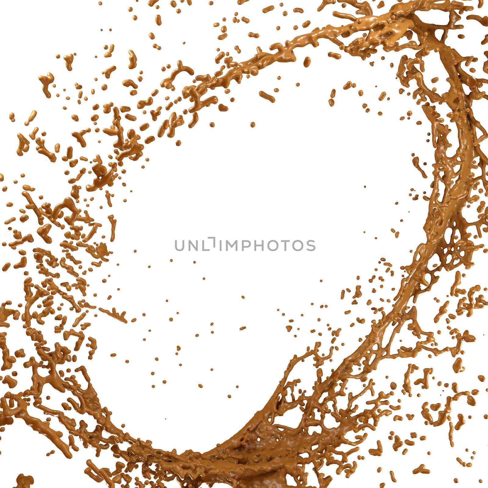 Hot chocolate or cocoa splash and droplets isolated over white