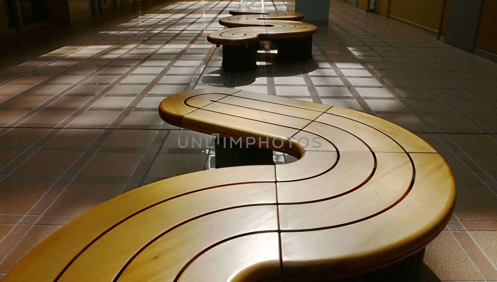 row of modern benches in hall interior, Japan