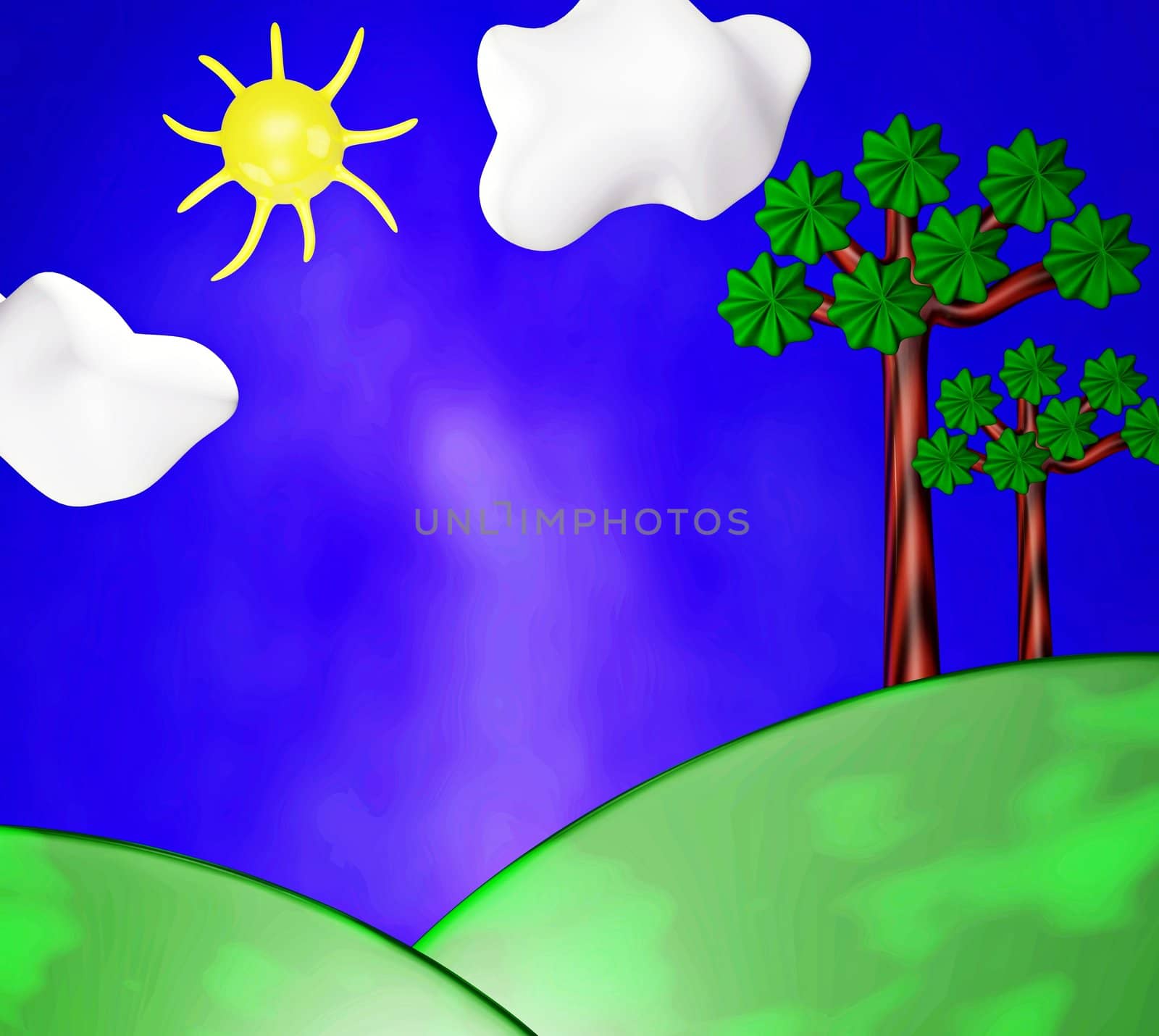 A 3D Nature scene with sun, clouds, hills, sky and trees