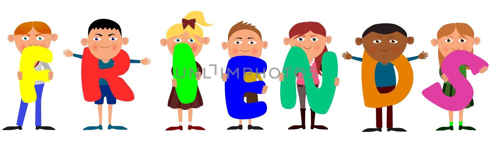 illustration of children holding letters spelling out the word friends