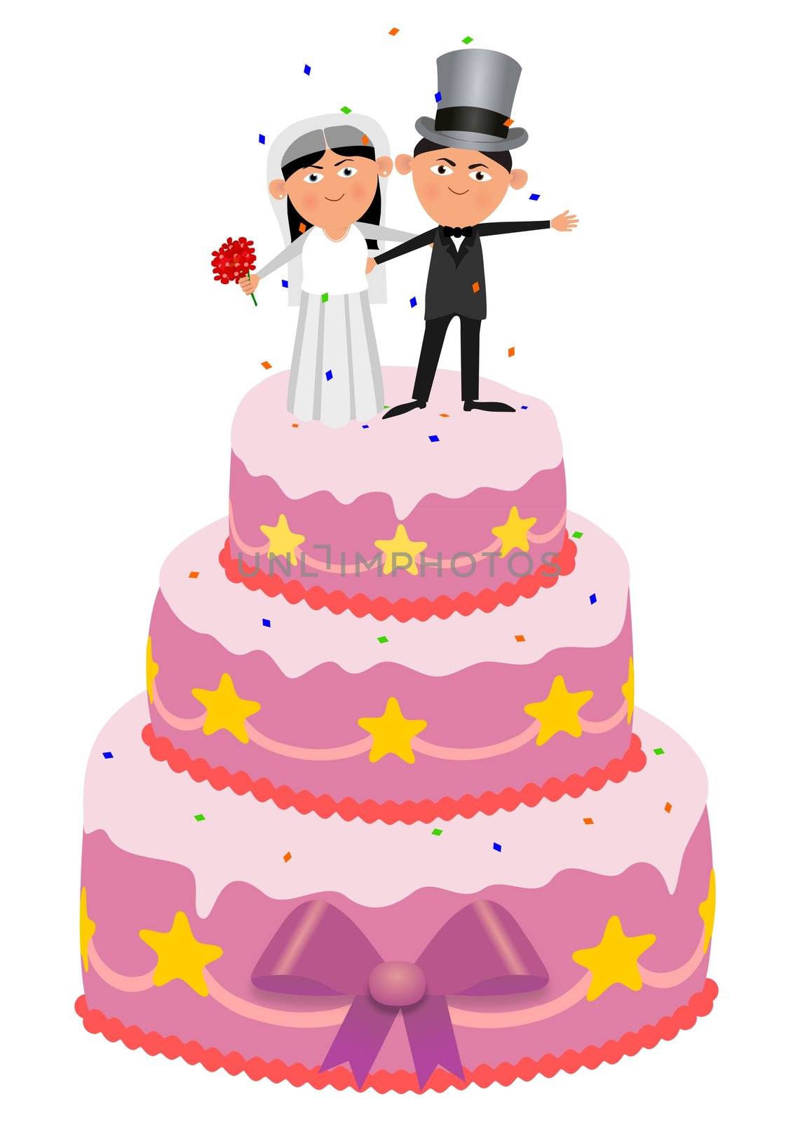 isolated illustration of a married couple on top of a wedding cake