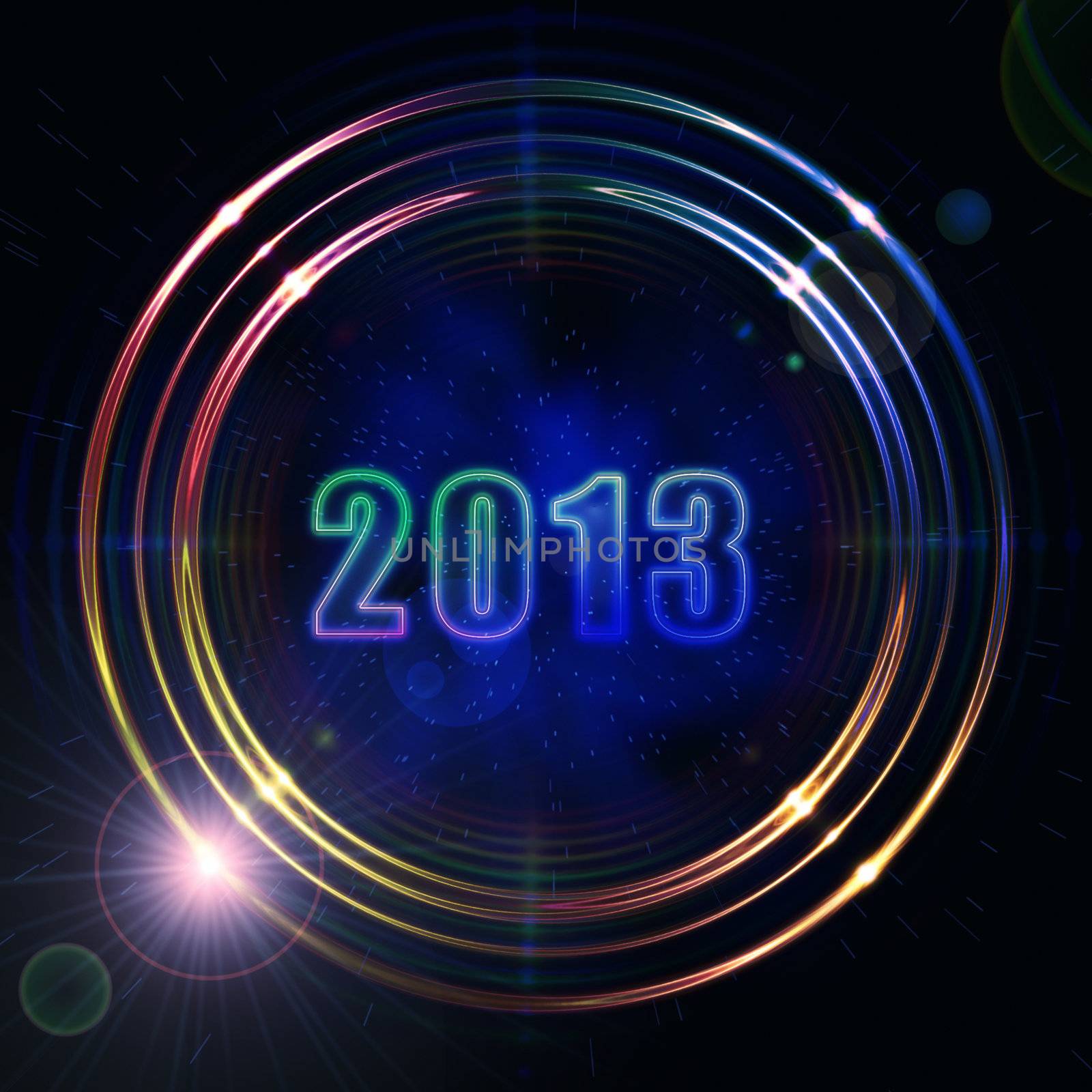 year 2013 in abstract golden rings shining over dark background with stars and lights