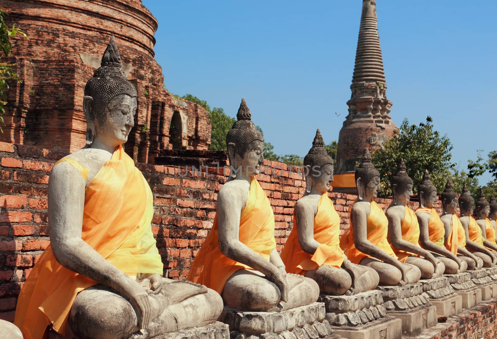 Ancient buddha statues with blue sky, Ayutthaya, Thailand