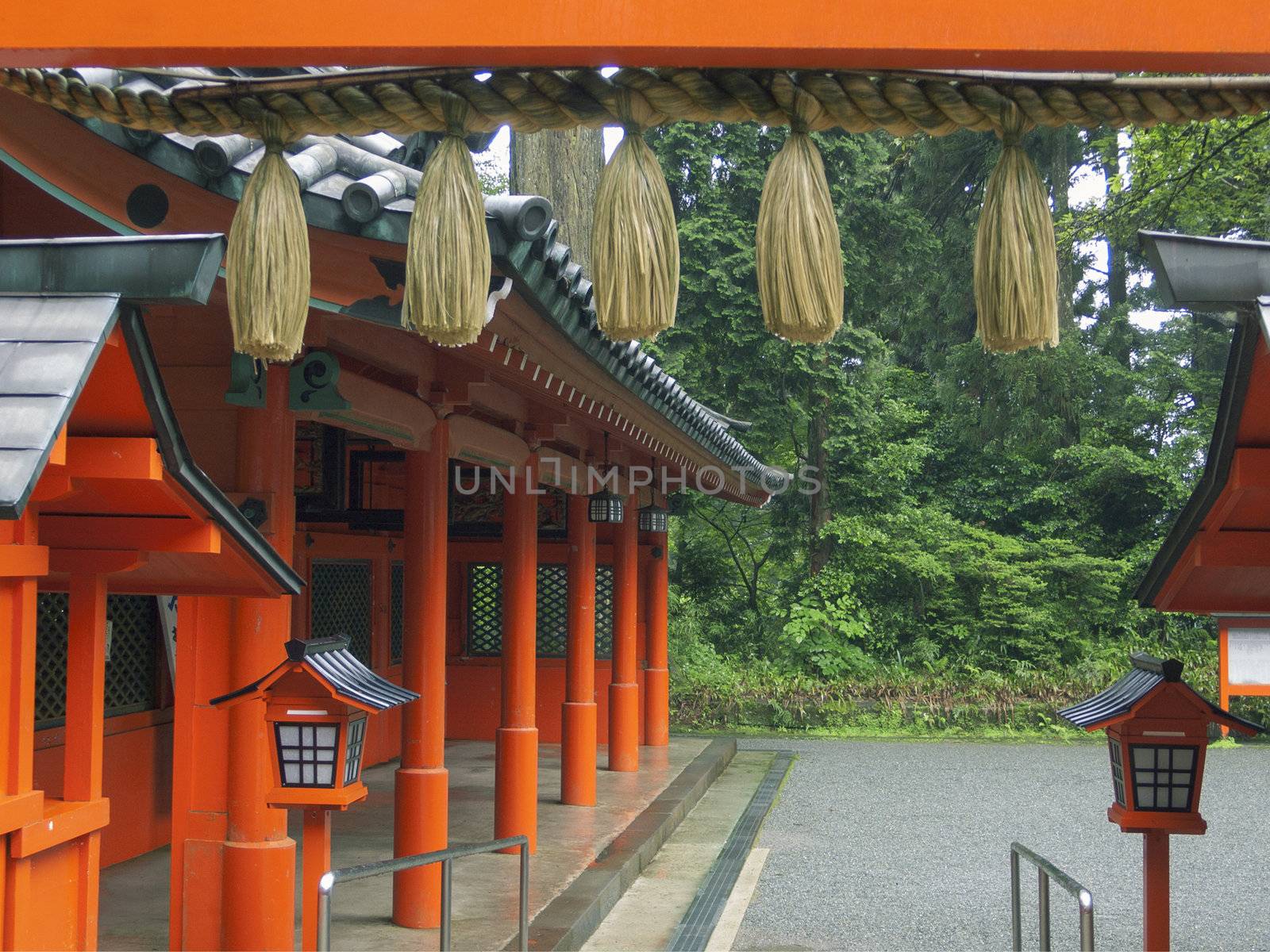 Japanese Temple inner yard by wet summer time