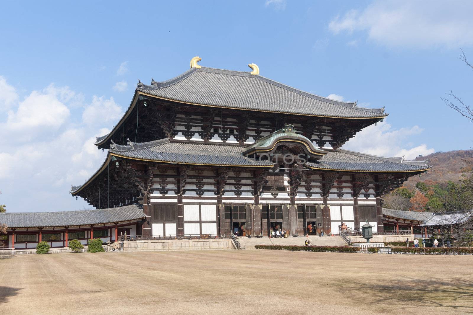 the world biggest wooden building - Todai-ji Temple in Nara, Japan with walking tourists, this building is 49 meters in height and is well-known as the Great Buddha hall