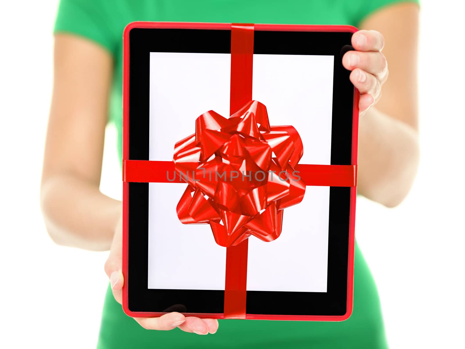 Tablet PC gift. Closeup of woman showing and giving digital tablet computer as present or christmas gift. Pure white background.