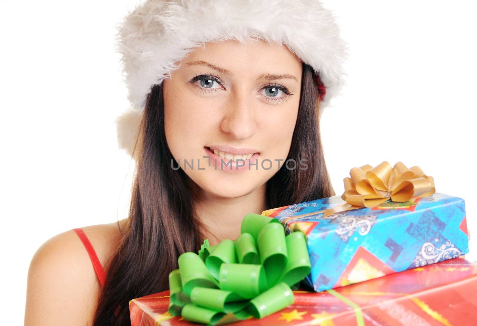Beautiful christmas girl over white background