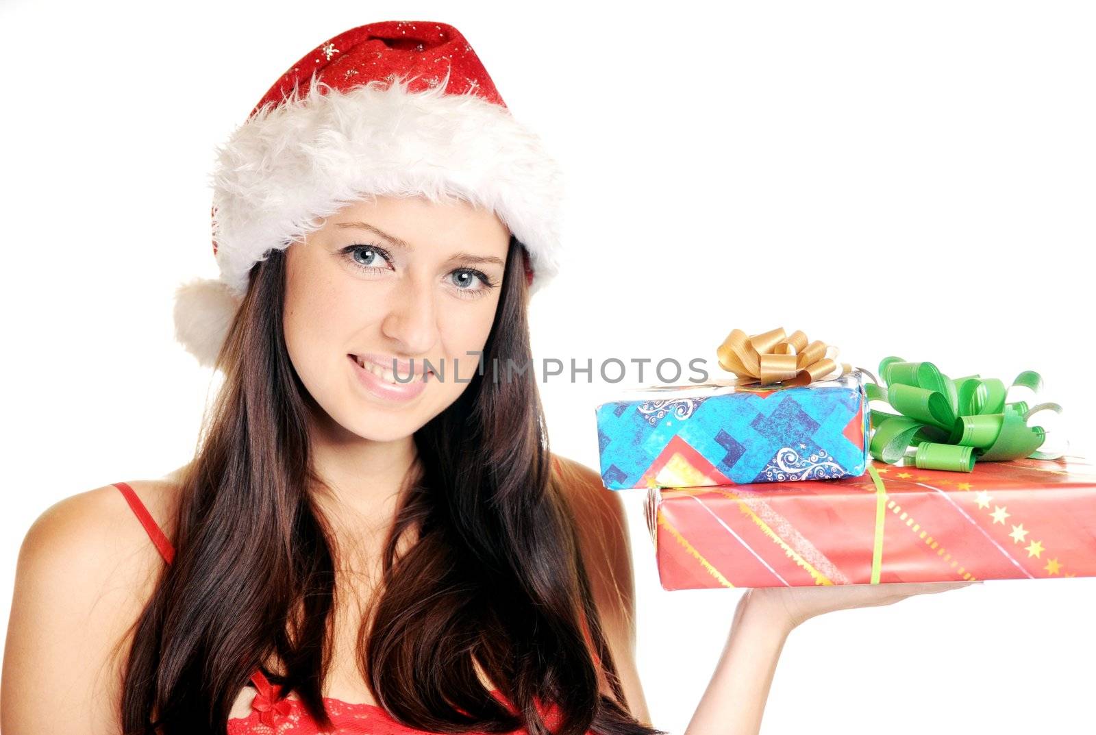 Beautiful christmas girl over white background
