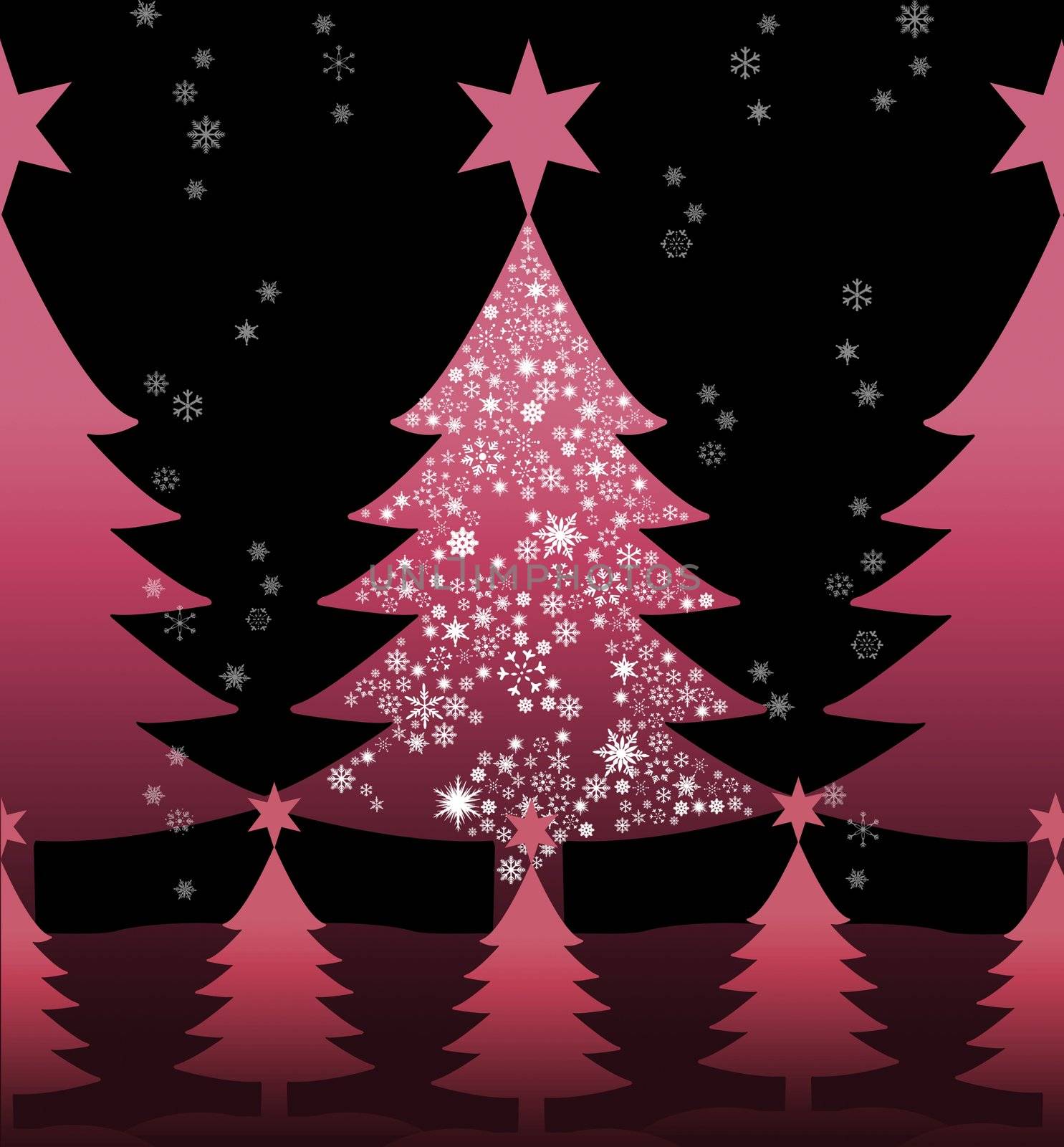 Pink christmas tree with snow at night