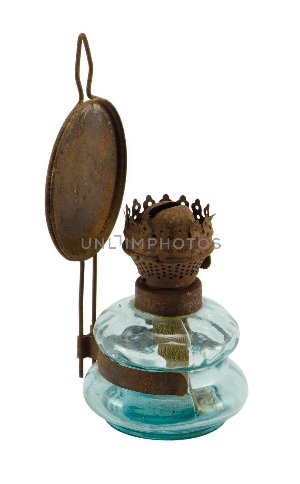 Rusty retro paraffin lamp isolated on white background