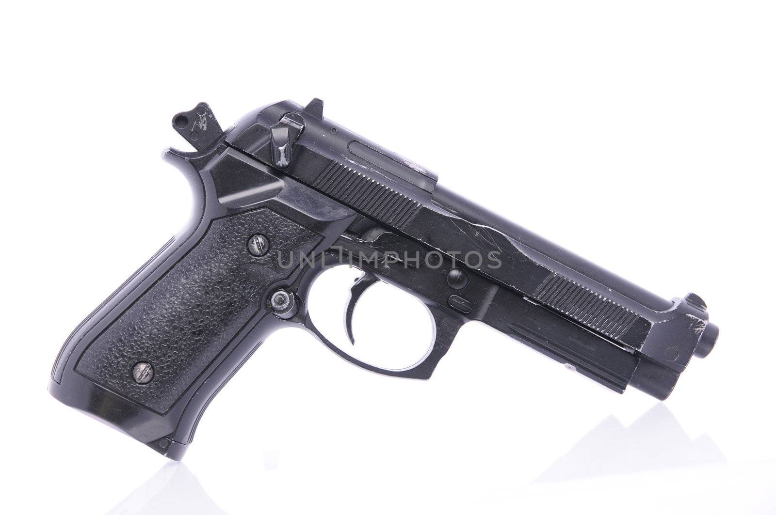 Modern U.S. Army handgun M9 close-up on a white background.