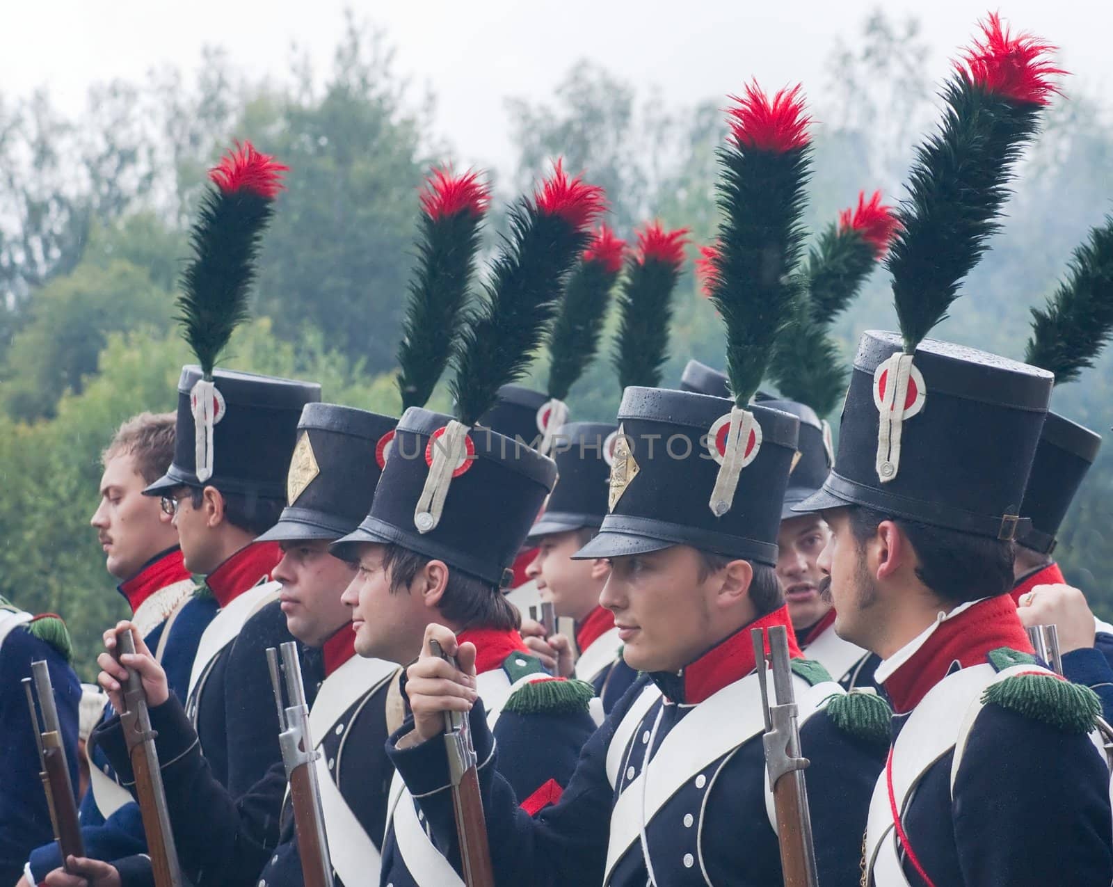 Historical reconstruction.  Soldiers of 9 Light Infantry regiment of Napoleon army at the festival of the Borodino battle