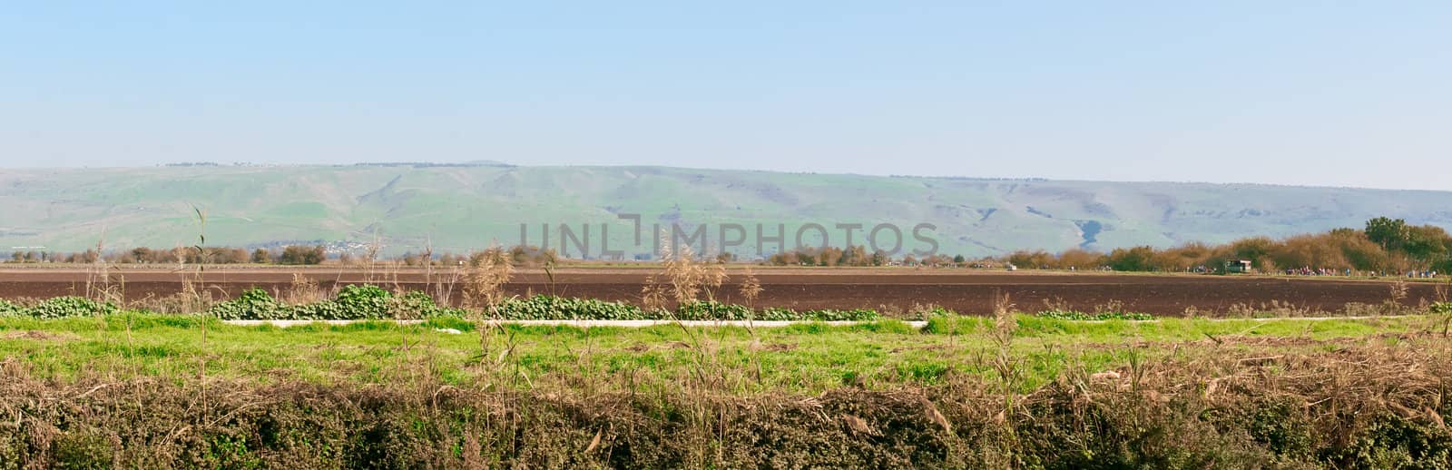 Valley "Agmon-Khula and" adjacent to the ridges and the Golan mountains of Naftali. Winter. Israel.