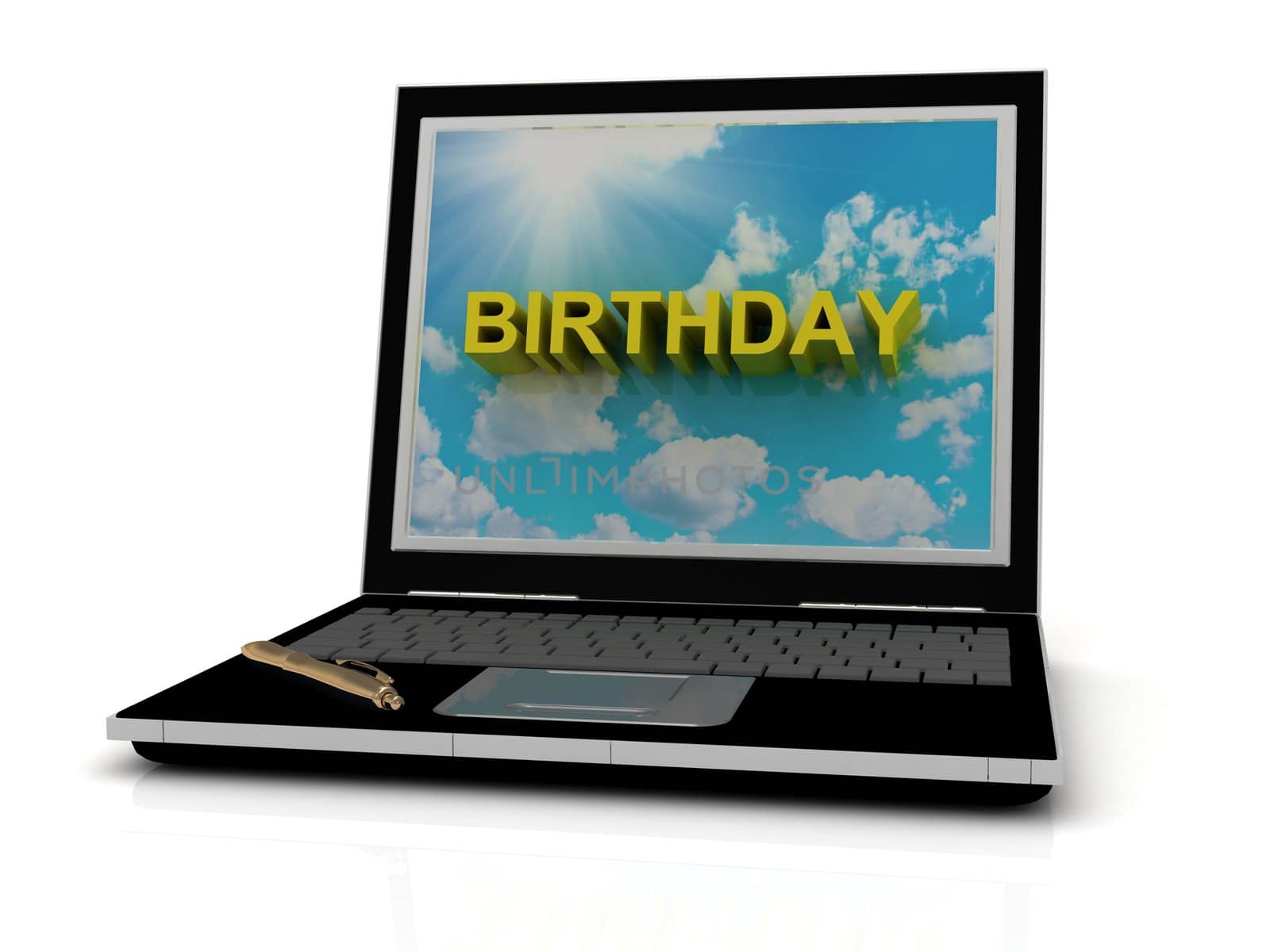 BIRTHDAY sign on laptop screen of the yellow letters on a background of sky, sun and clouds