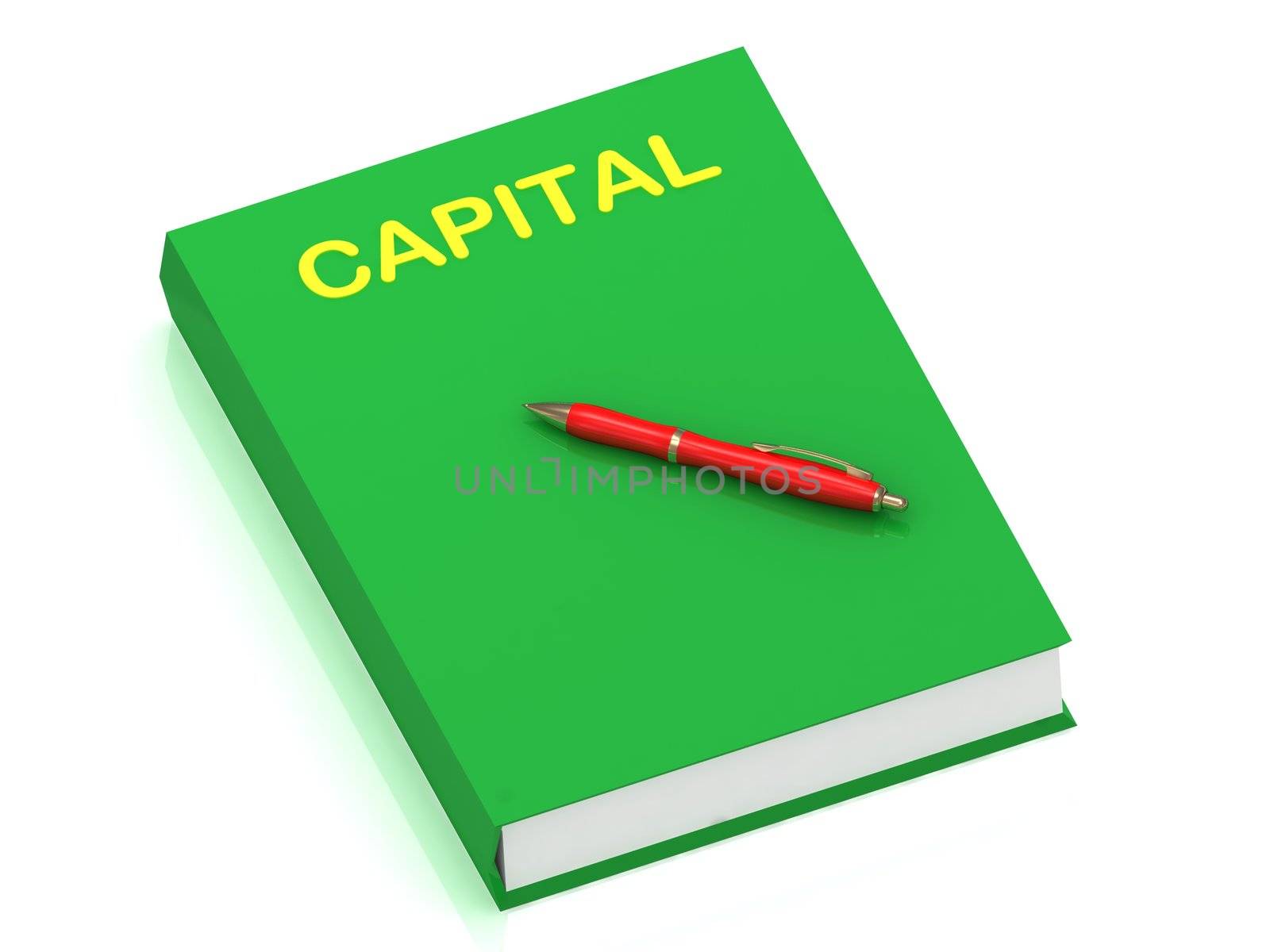 CAPITAL name on cover book and red pen on the book. 3D illustration isolated on white background