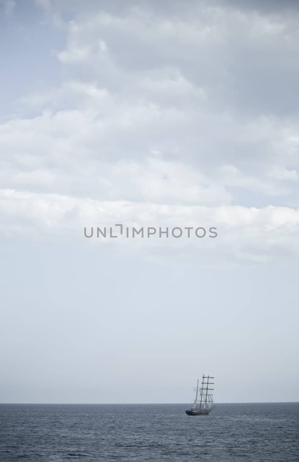 Image of vintage style. Old sailing ship in the sea .