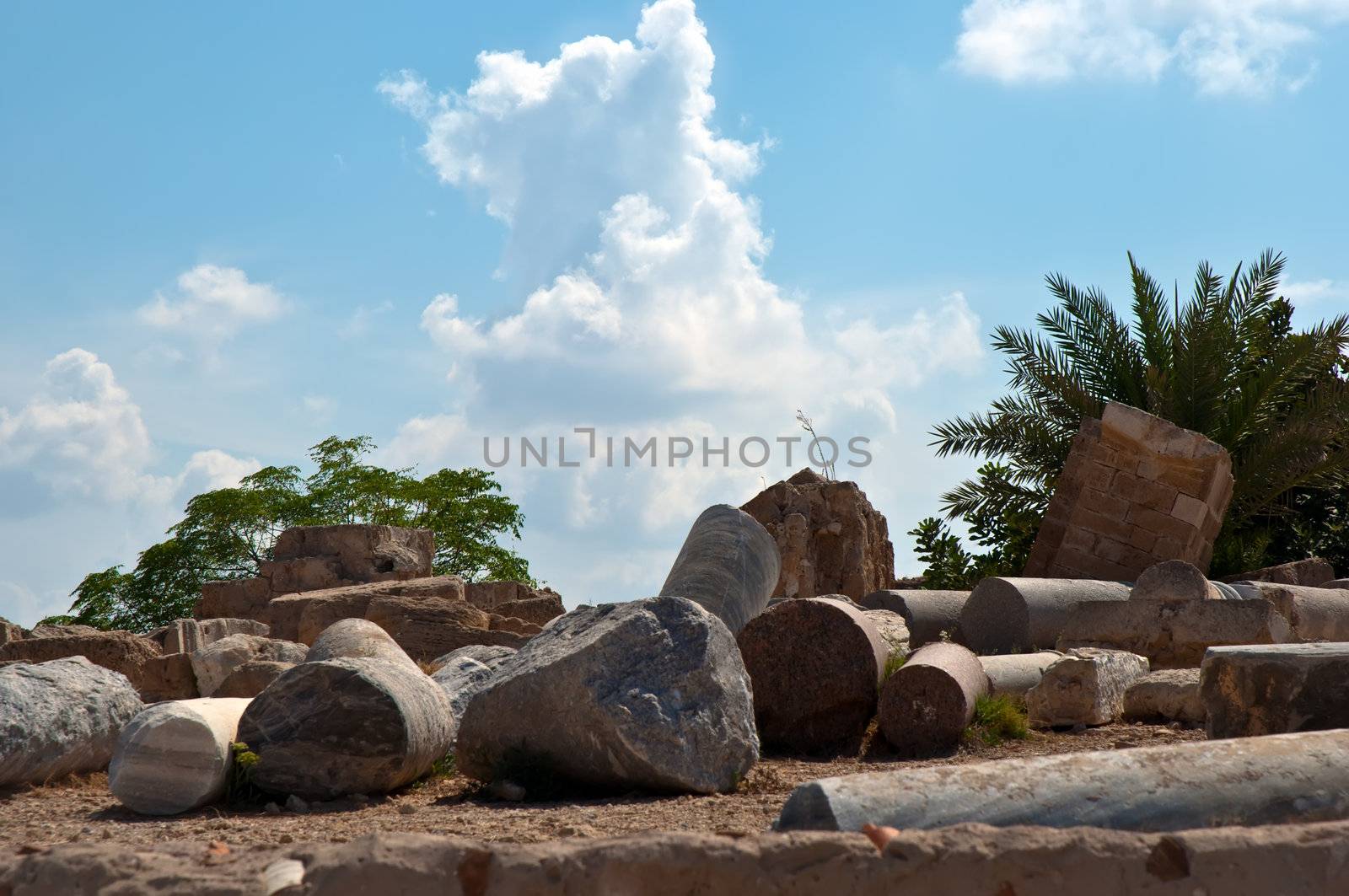 Ruins of old column in Caesarea . Israel .