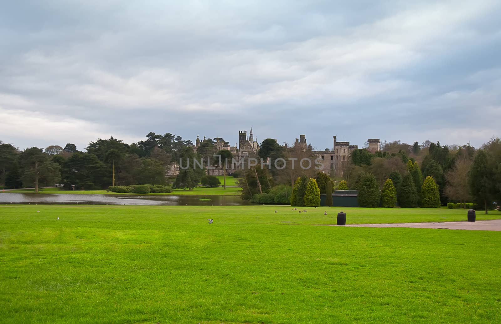 Park is a traditional English lawn, lake and castle . England .