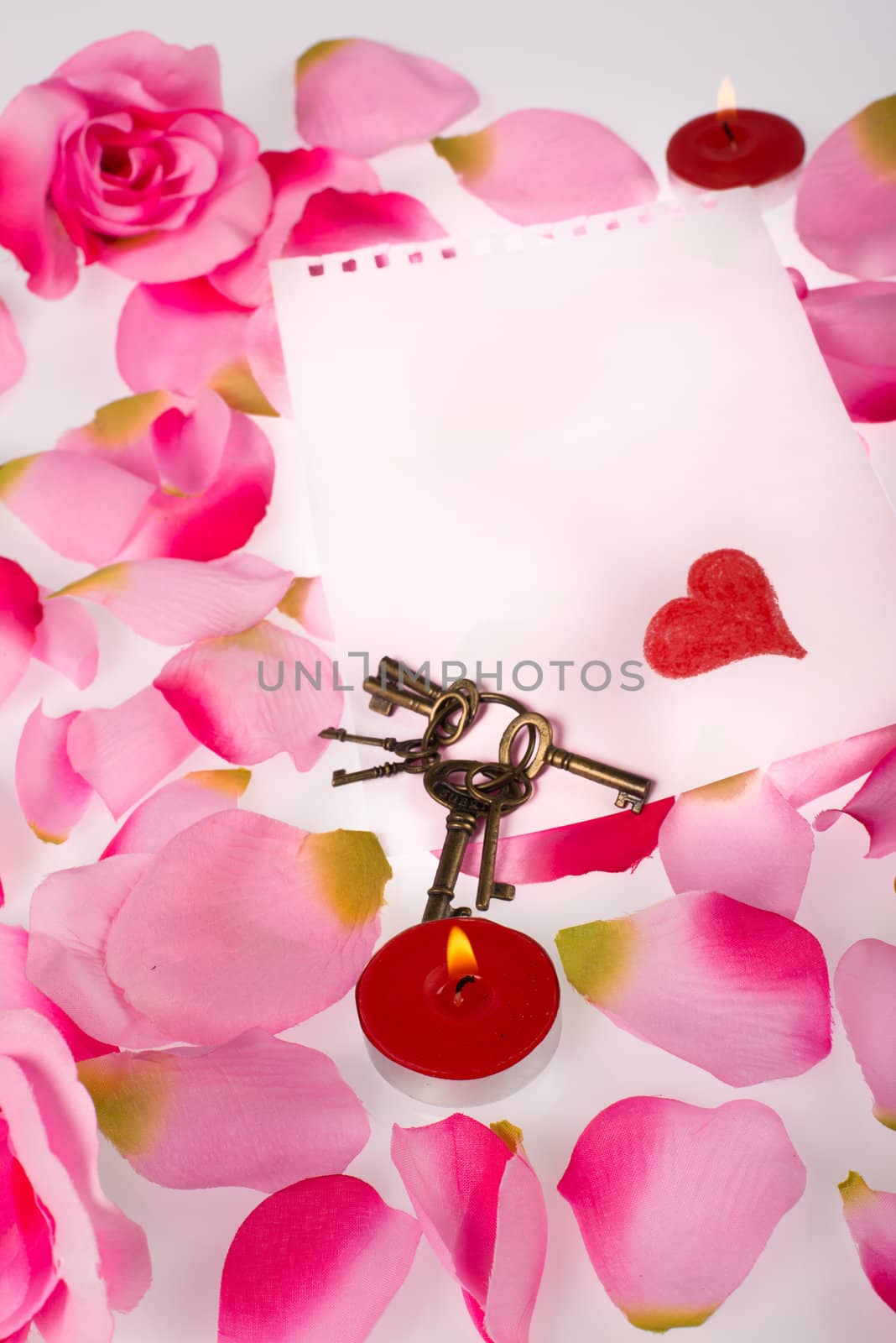 Keys, petals and a note, a Valentines concept