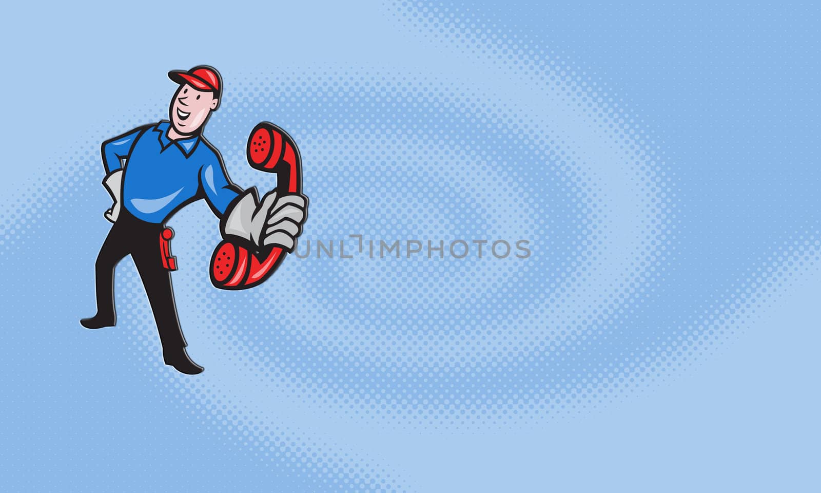 Business card ideal for telephone repairman shoving illustration of telephone repairman worker tradesman holding out phone done in cartoon style on isolated white background