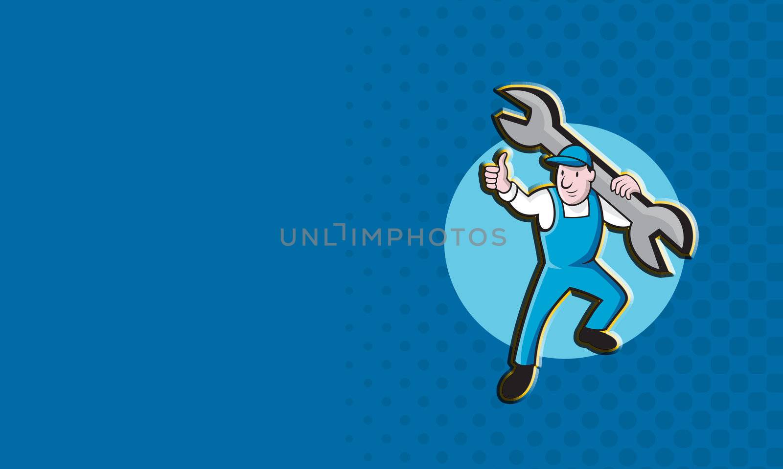 Cartoon illustration of a mechanic worker carrying giant spanner wrench holding thumb up on isolated white background business card format