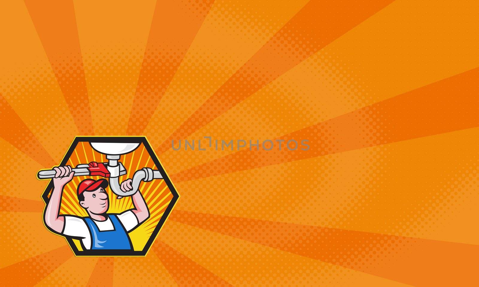 Cartoon illustration of a plumber worker repairman tradesman with adjustable monkey wrench repairing bathroom sink set inside hexagon.