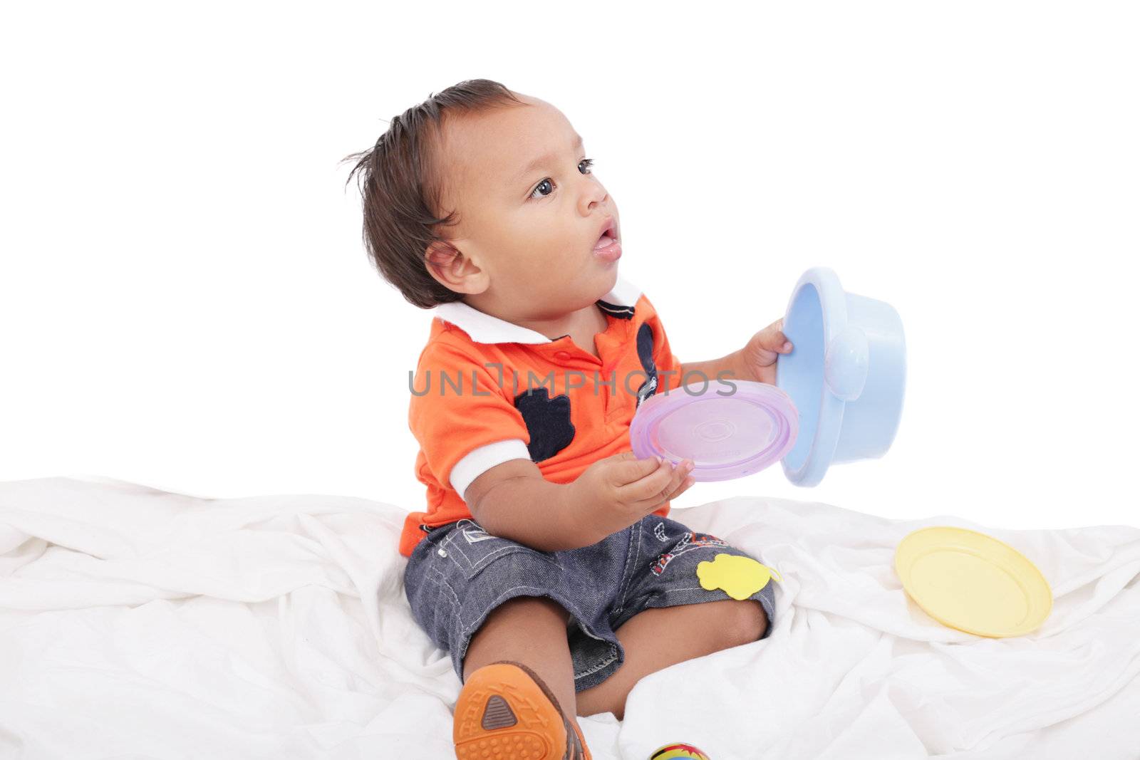Adorable One Year Old Boy Playing Toy Isolated