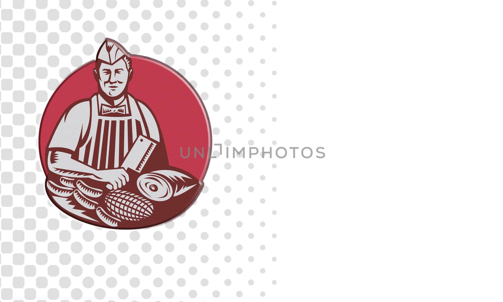 Business card ideal for a butcher showing illustration of a butcher cutter worker with meat cleaver knife facing front set inside circle on isolated background.