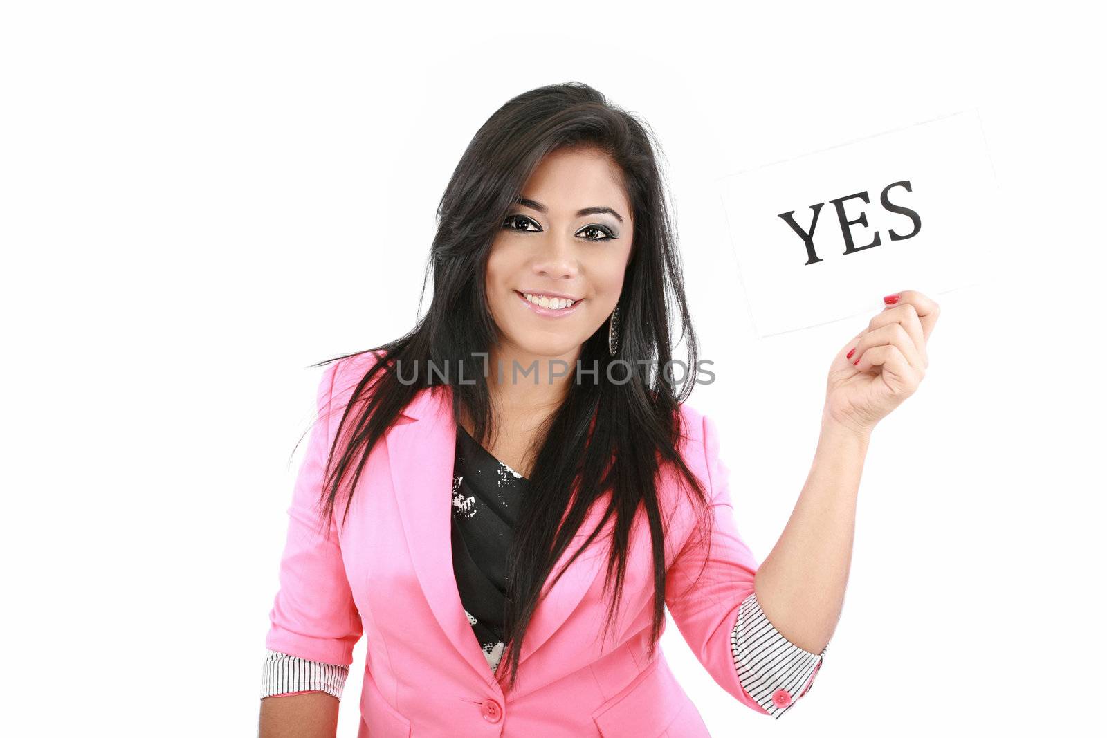 happy portrait young woman with board YES