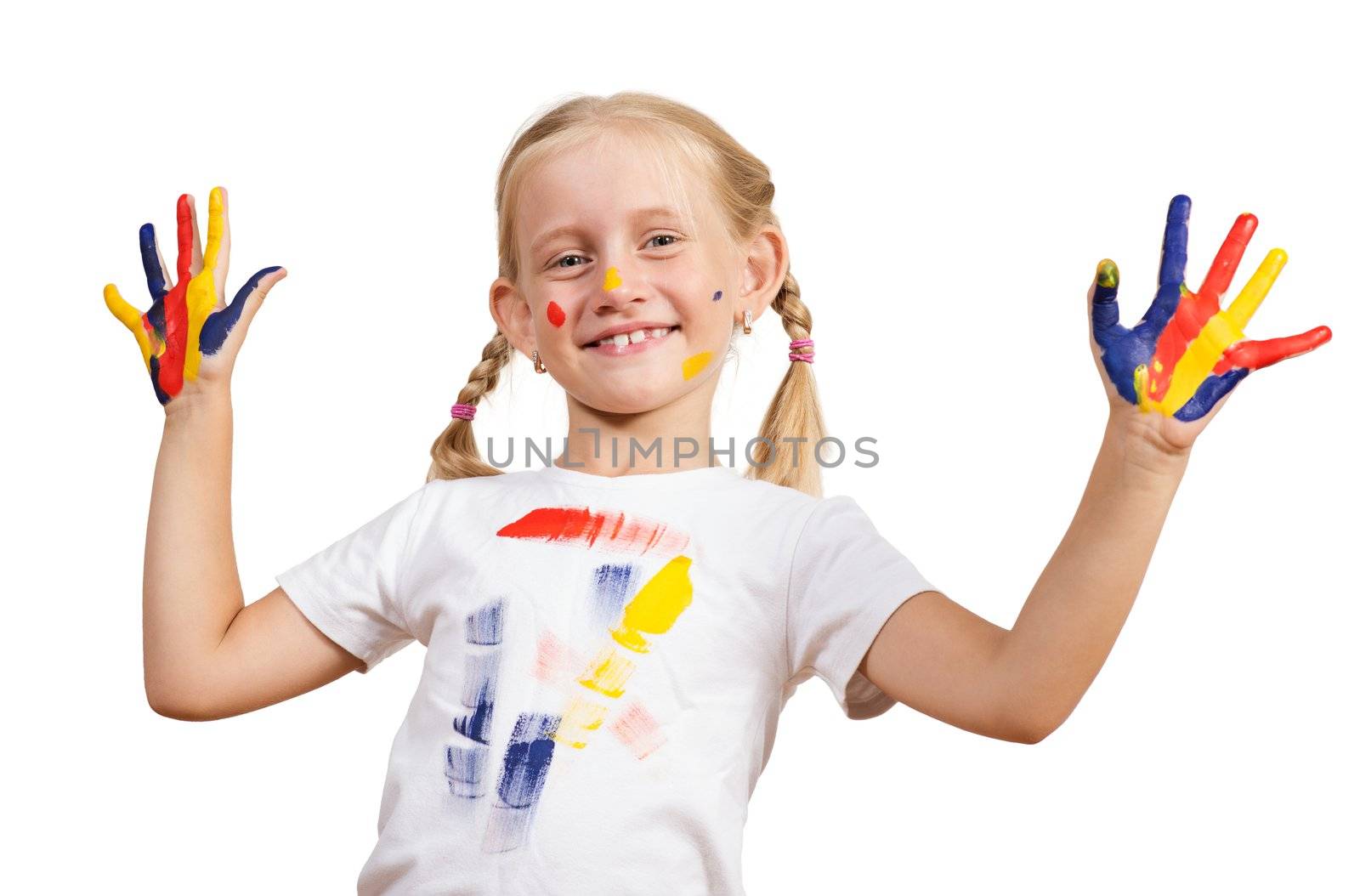 girl with painted hands, draw hands, isolated on white background