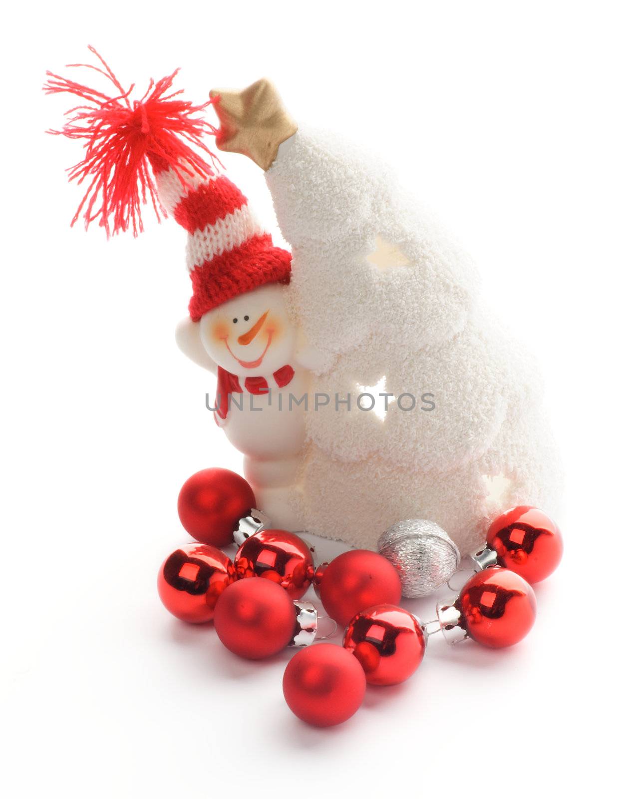 Snowman in Knitted Hat, Snow House and Red Little Baubles closeup on white background