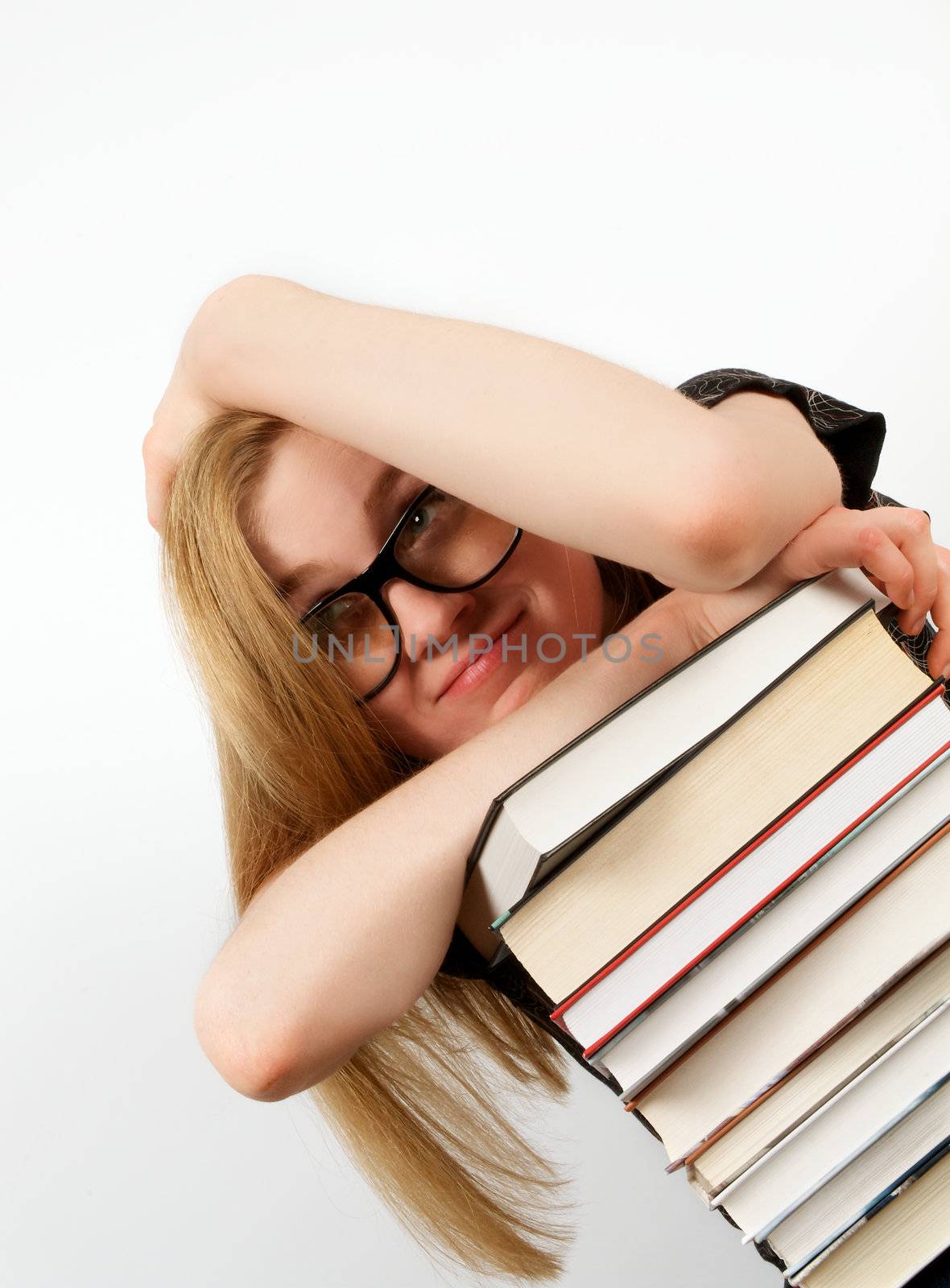 Portrait of Attractive Woman in Glasses with Stack of Books closeup on white background