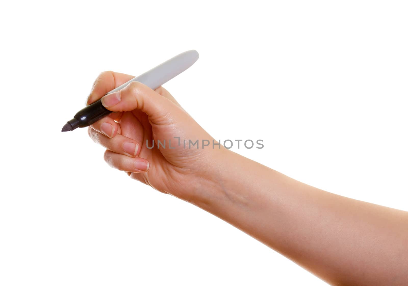 Woman's hand with a black marker isolated on white background