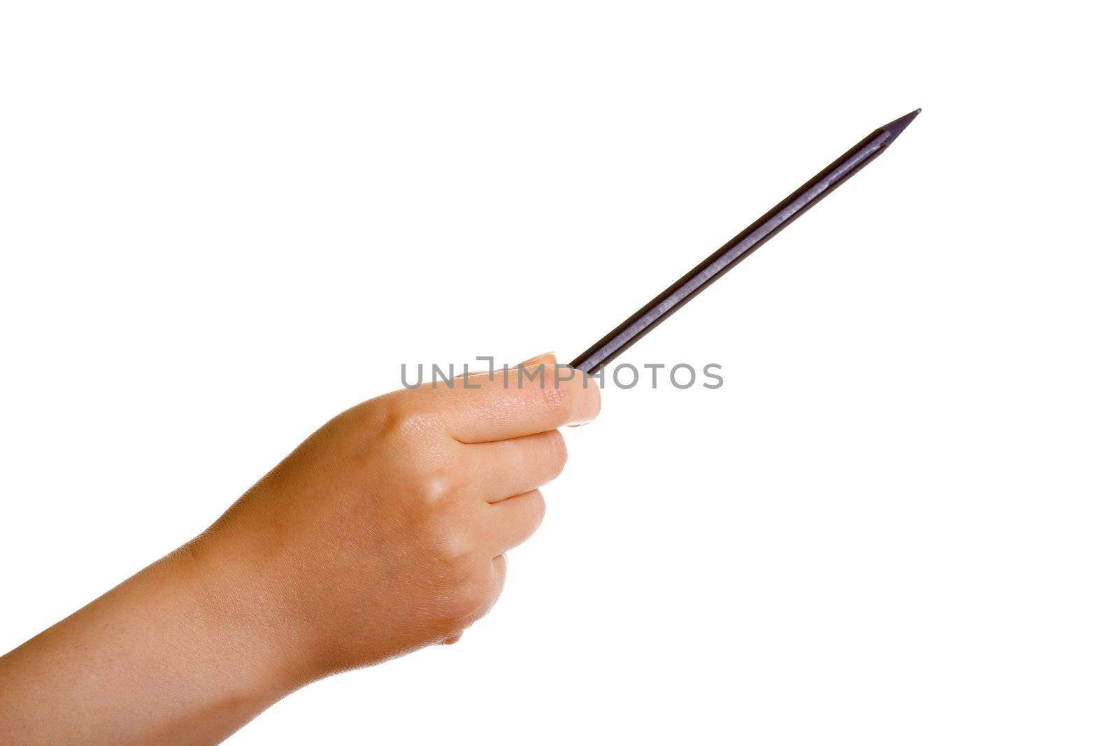 Woman's hand with a black pencil isolated on white background