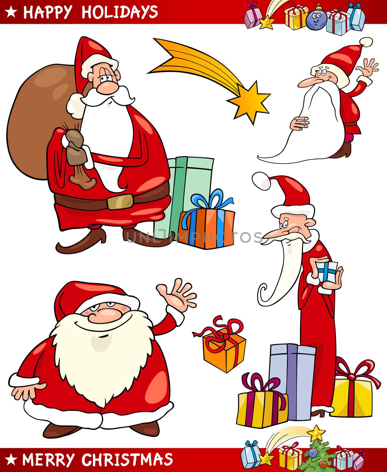 Cartoon Illustration of Santa Claus or Papa Noel, Presents, Star and other Christmas Themes set