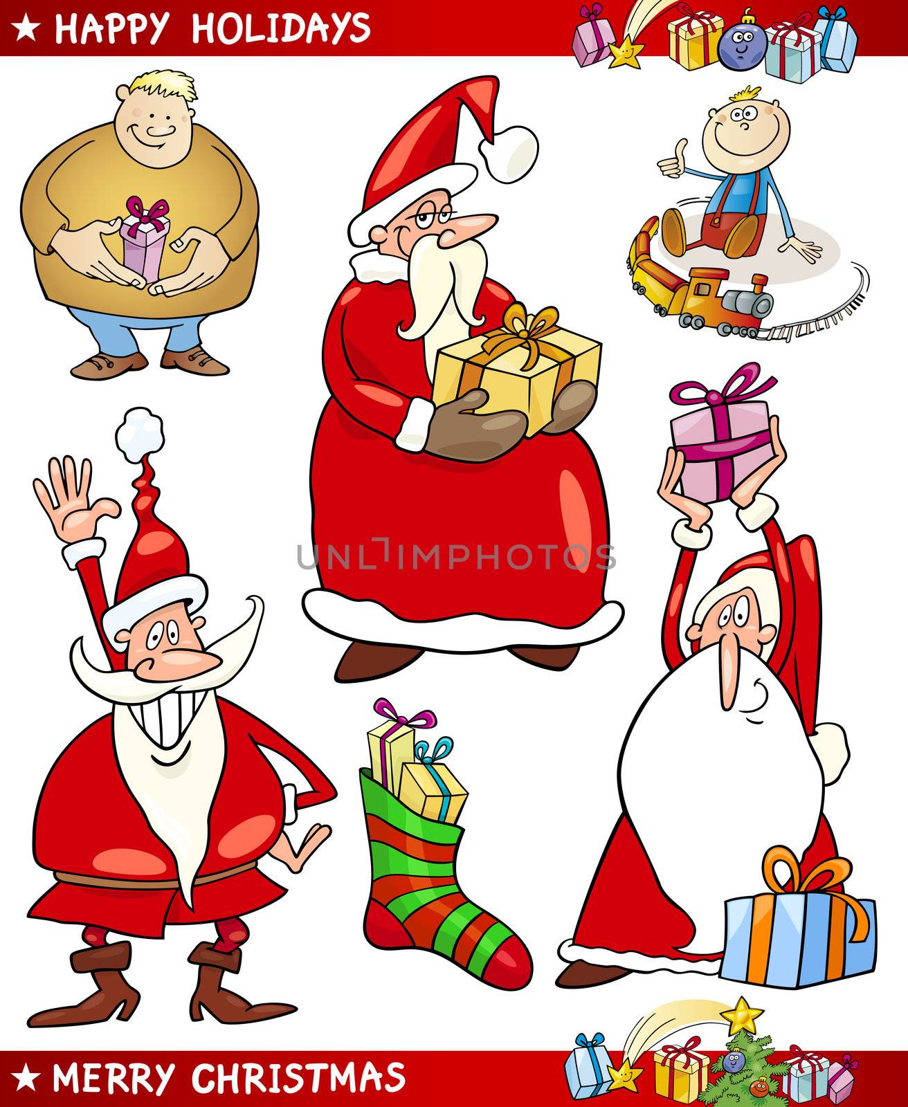 Cartoon Illustration of Santa Claus or Papa Noel, Presents, Happy People and other Christmas Themes set