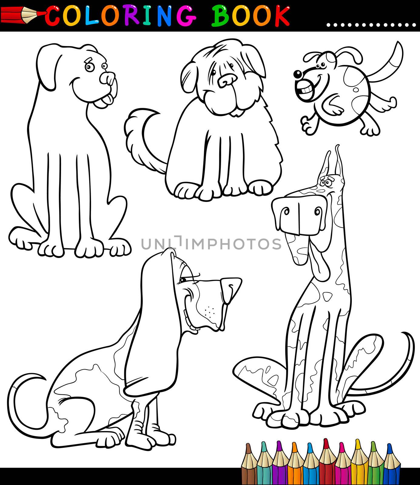 Coloring Book or Page Cartoon Illustration of Funny Dogs or Puppies for Children