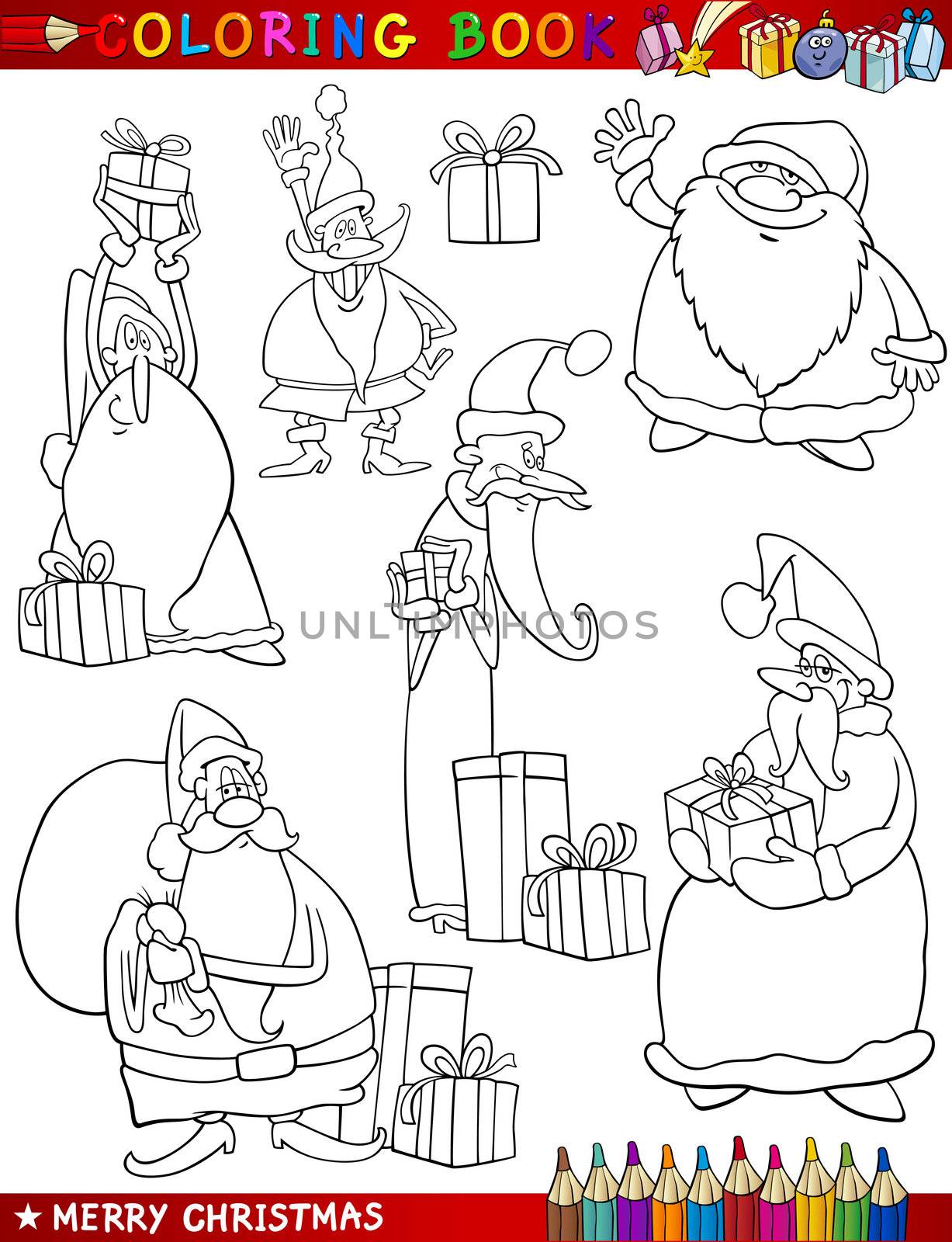 Coloring Book or Page Cartoon Illustration of Christmas Themes Set with Santa Claus or Papa Noel and Xmas Presents and Decorations for Children