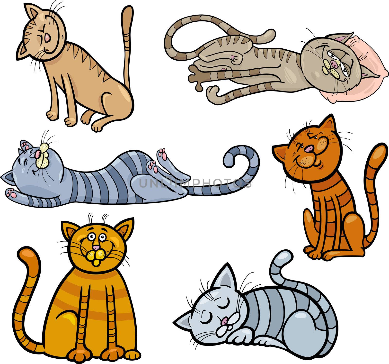 Cartoon Illustration of Happy and Sleepy Cats or Kittens Set