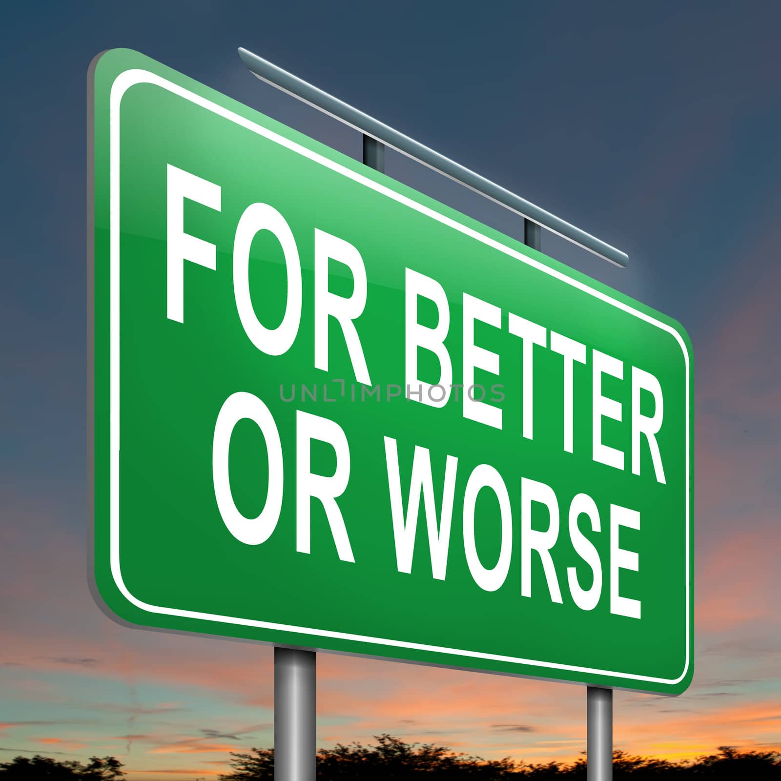 Illustration depicting a roadsign with a for better or worse concept. Dusk sky background.