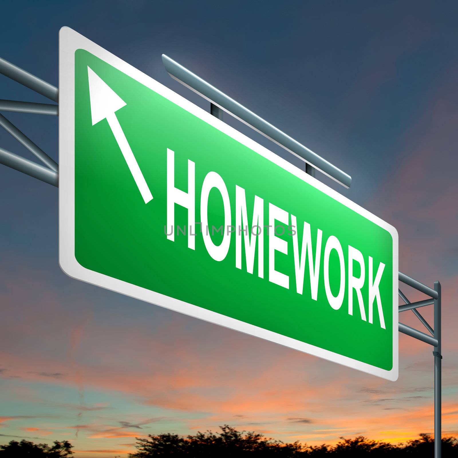 Illustration depicting a roadsign with a homework concept. Sunset background.