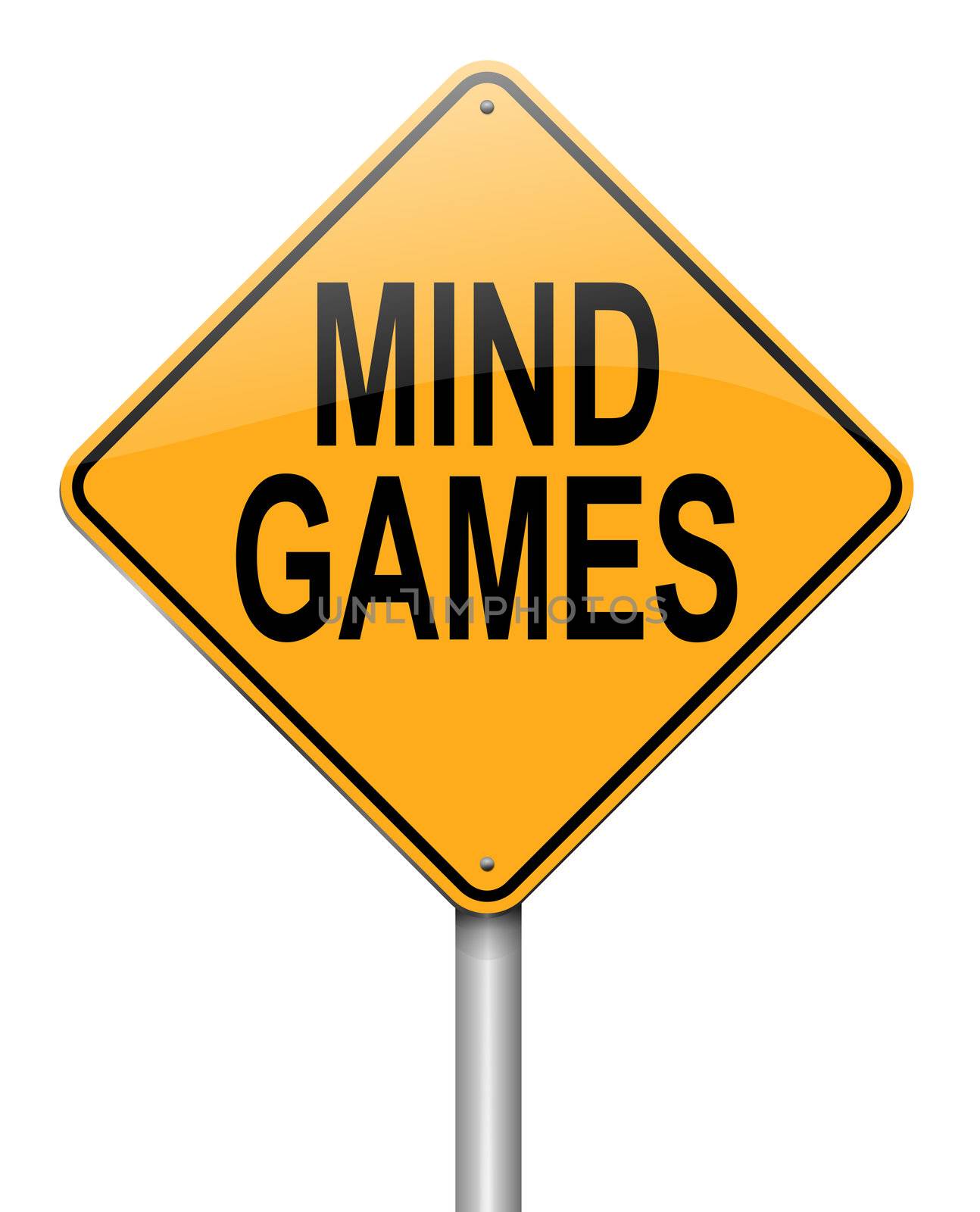 Illustration depicting a roadsign with a mind games concept. White background.