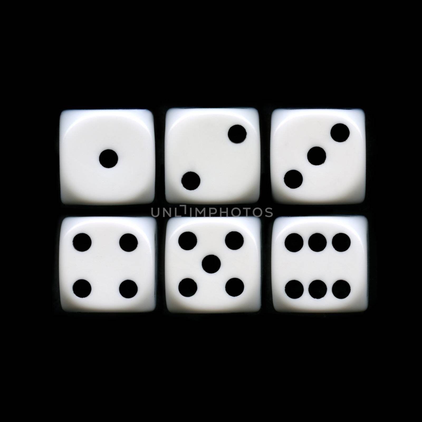 The six sides of a Dice on a black background.
