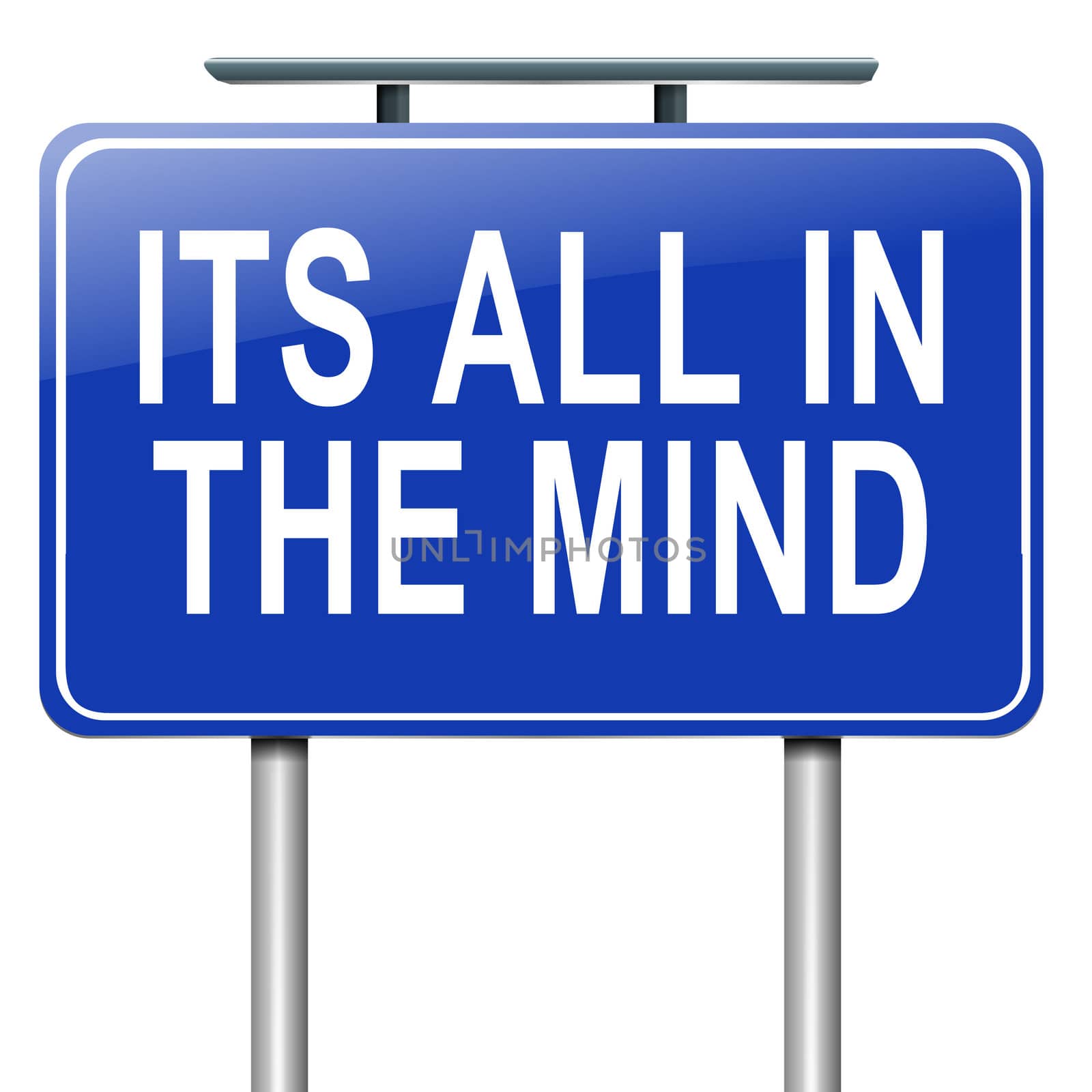 Illustration depicting a roadsign with an all in the mind concept. White background.